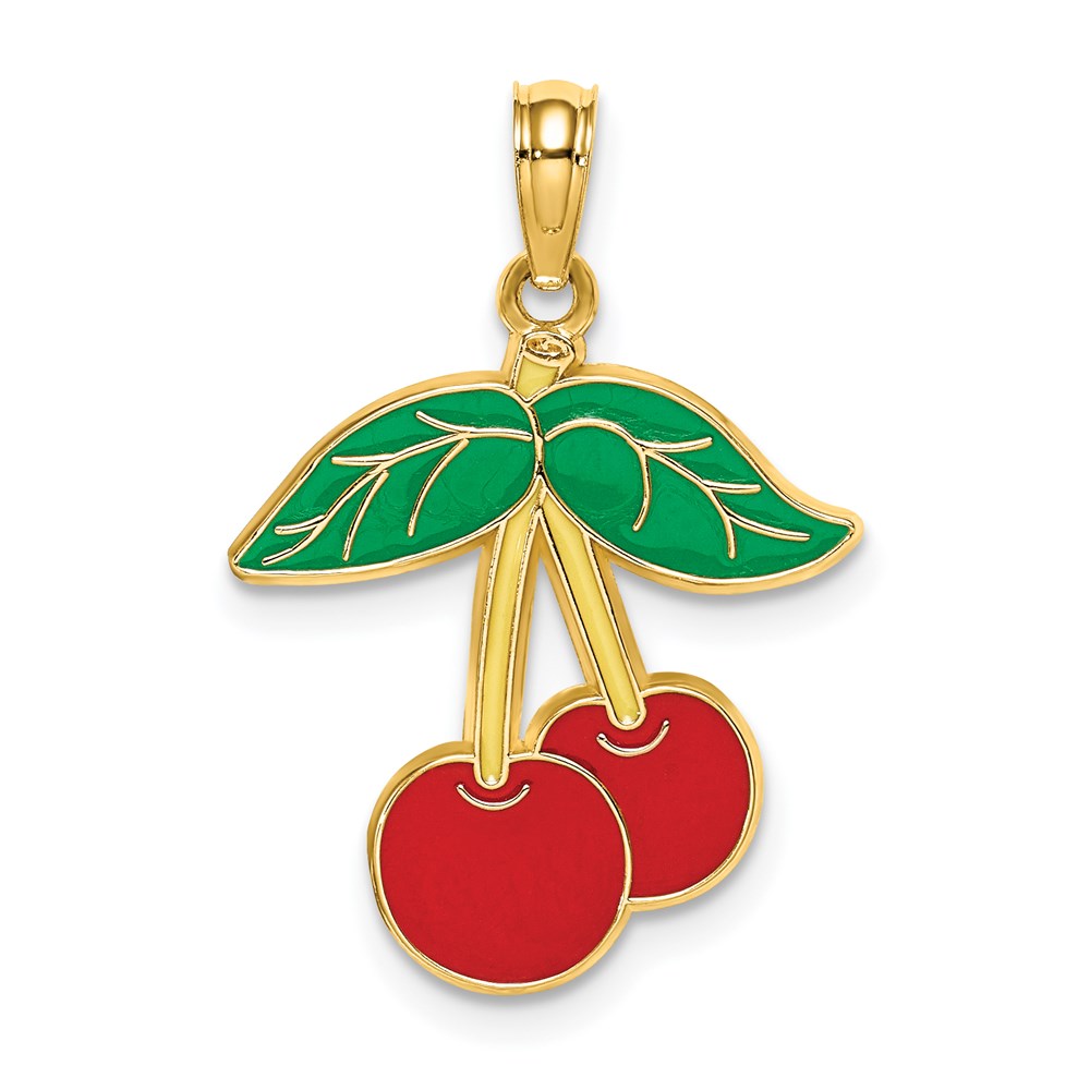 14k Yellow Gold 17.25 mm Cherries With Enamel Leaf Charm (1.17 grams)