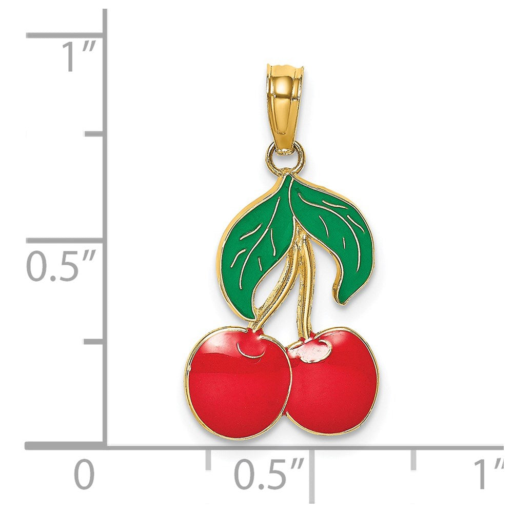 14k Yellow Gold 12.3 mm W/ Enamel Cherries With Leaf Charm (1.06 grams)