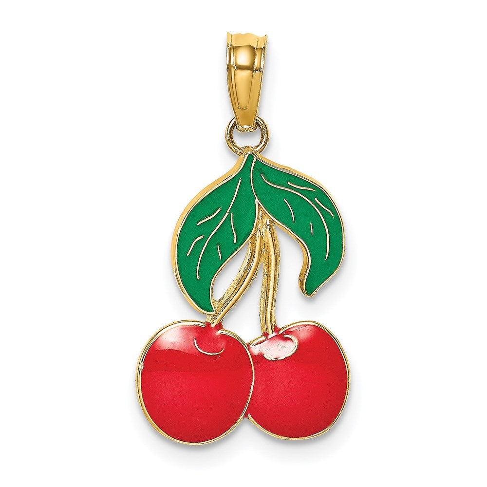 14k Yellow Gold 12.3 mm W/ Enamel Cherries With Leaf Charm (1.06 grams)