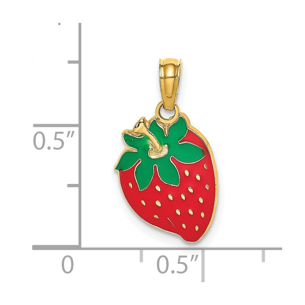 14k Yellow Gold 10.7 mm W/ Enamel Strawberry With Leaf Charm (1.08 grams)