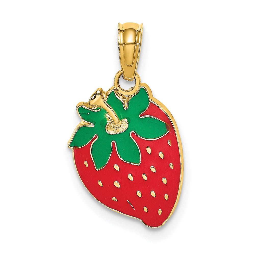 14k Yellow Gold 10.7 mm W/ Enamel Strawberry With Leaf Charm (1.08 grams)