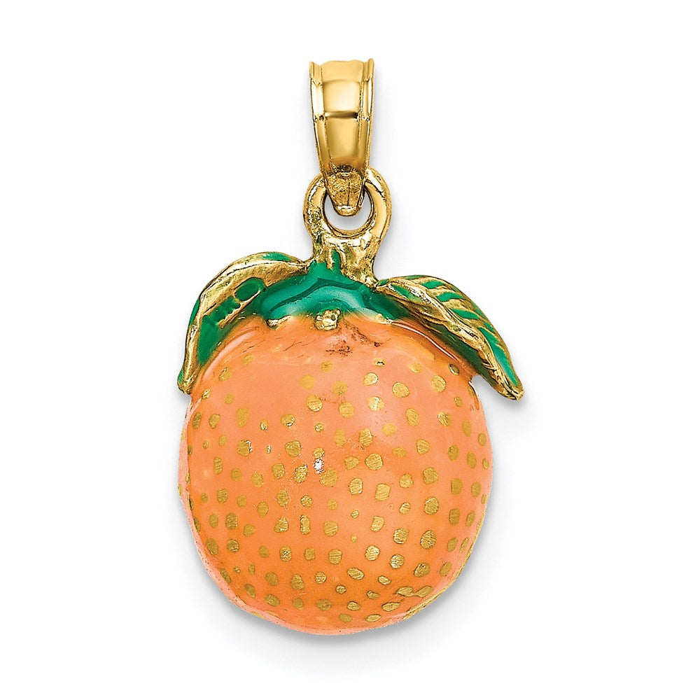 14k Yellow Gold 10.75 mm W/ Enamel 3-D Orange With Stem and Leaf Charm (3.65 grams)