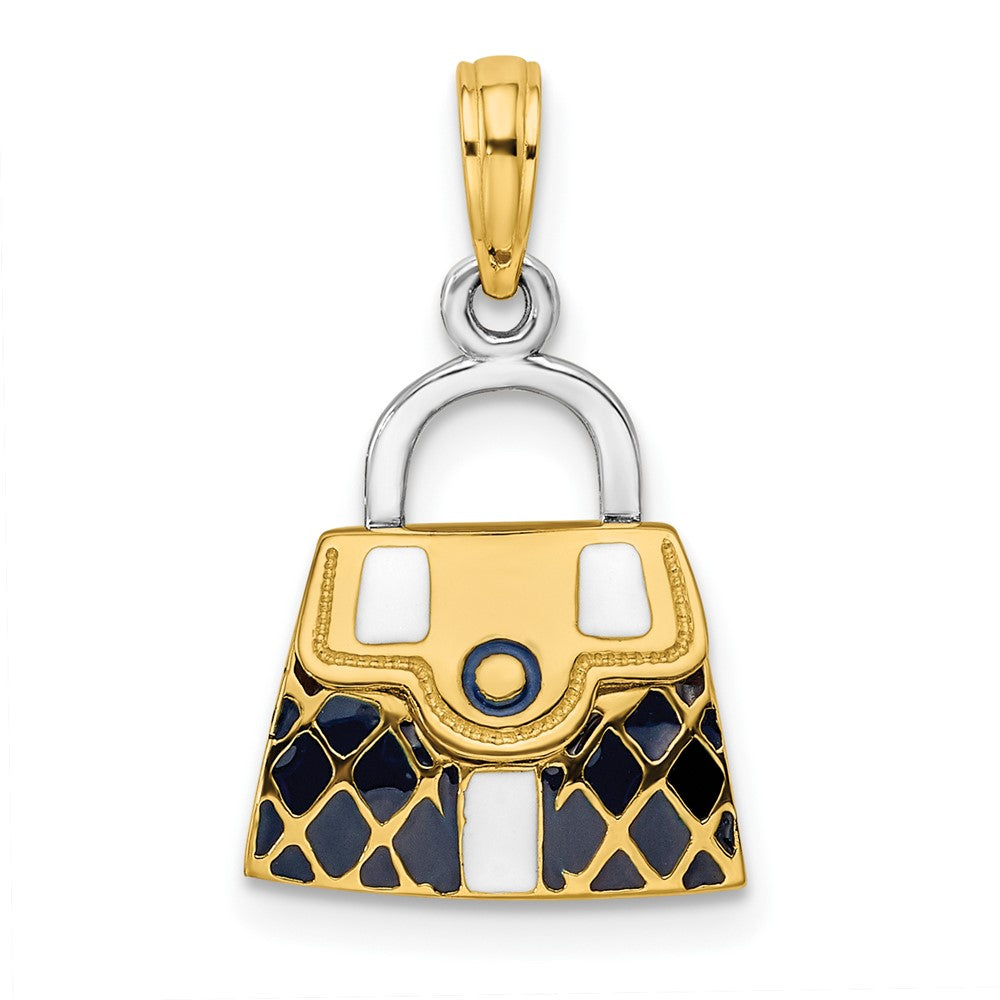 14k Yellow & Rhodium 13.1 mm  3-D Black Opens Quilted Handbag Charm (3.7 grams)