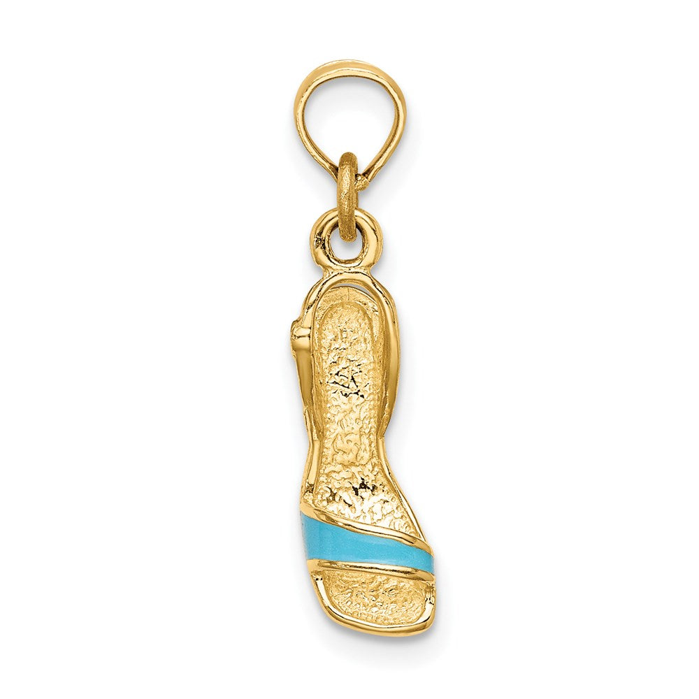 14k Yellow Gold 4.6 mm 3-D Aqua Enamel Open Toe High Heel Charm (1.14 grams)