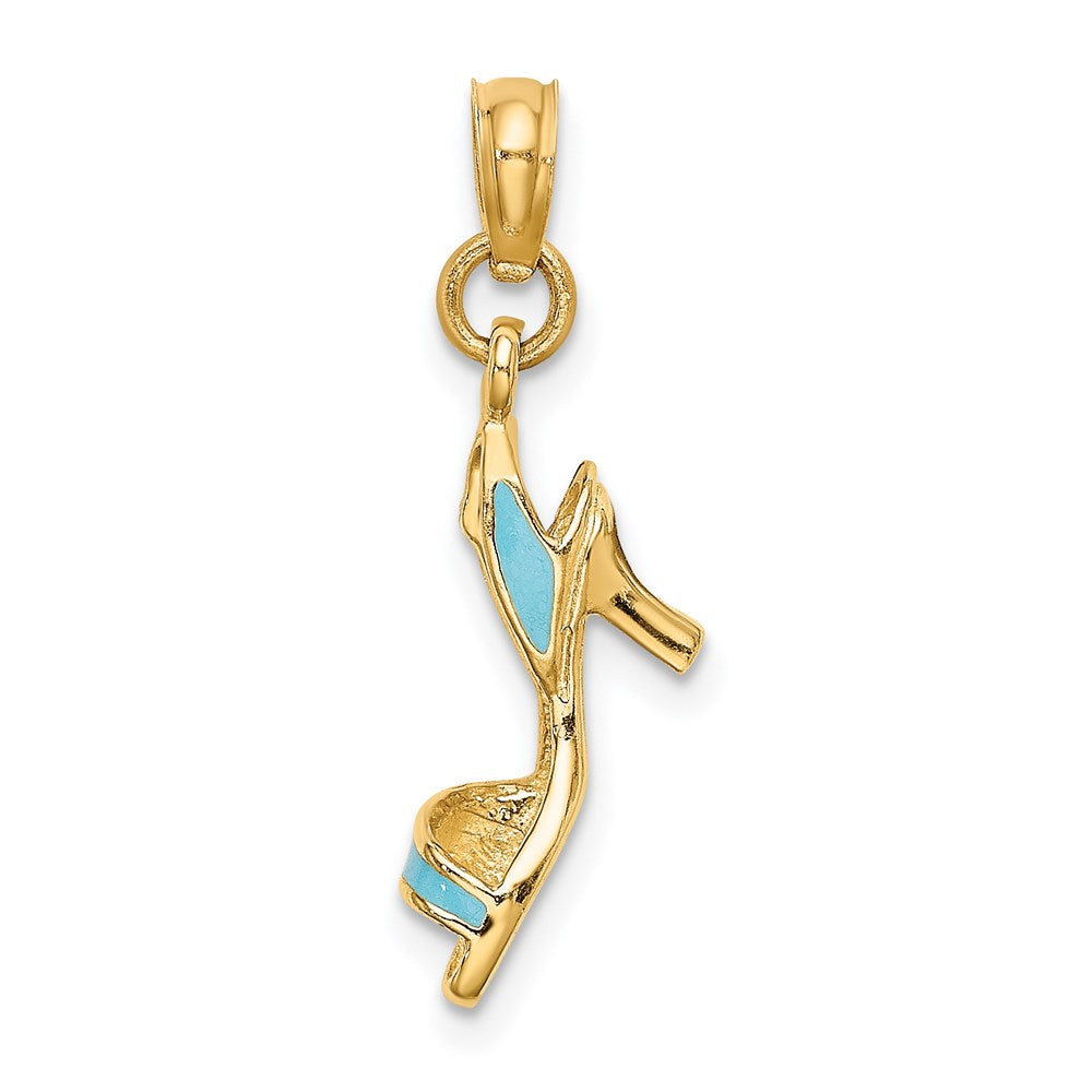 14k Yellow Gold 4.6 mm 3-D Aqua Enamel Open Toe High Heel Charm (1.14 grams)