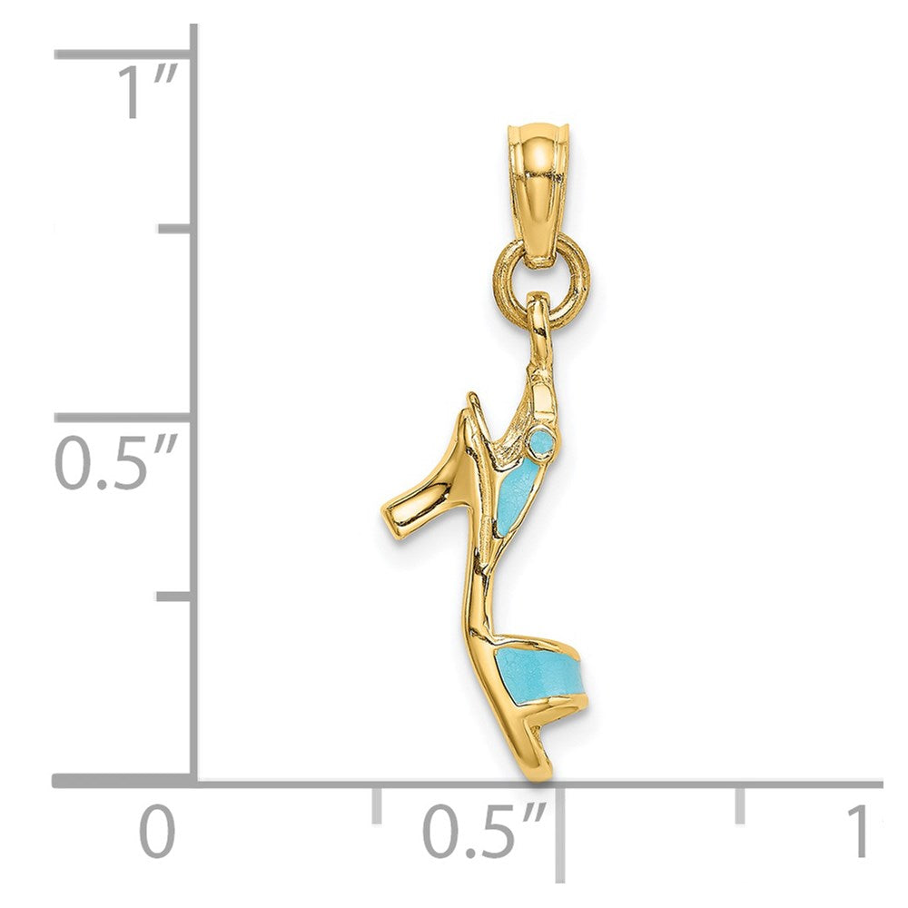 14k Yellow Gold 4.6 mm 3-D Aqua Enamel Open Toe High Heel Charm (1.14 grams)