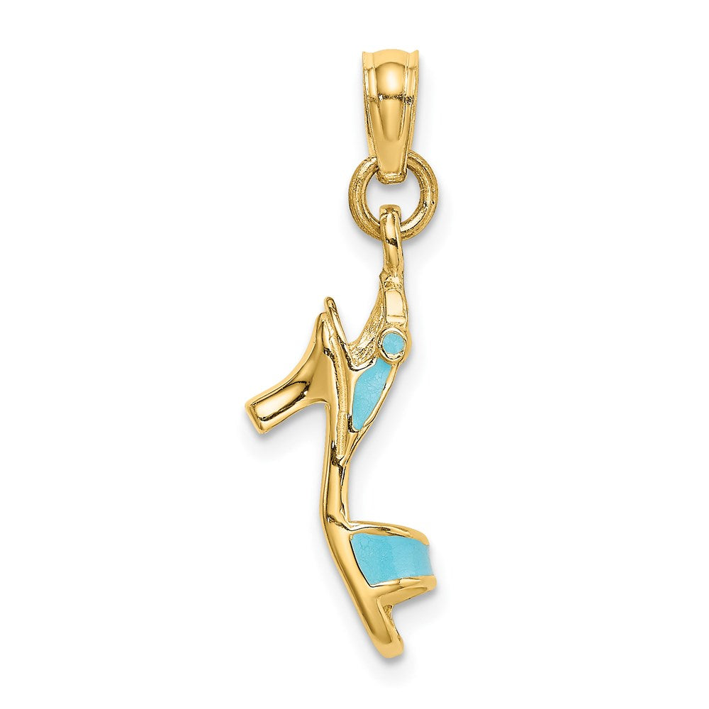 14k Yellow Gold 4.6 mm 3-D Aqua Enamel Open Toe High Heel Charm (1.14 grams)