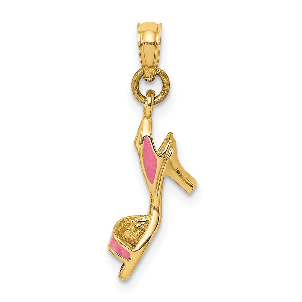 14k Yellow Gold 4.6 mm 3-D Pink Enamel Open Toe High Heel Charm (1.2 grams)