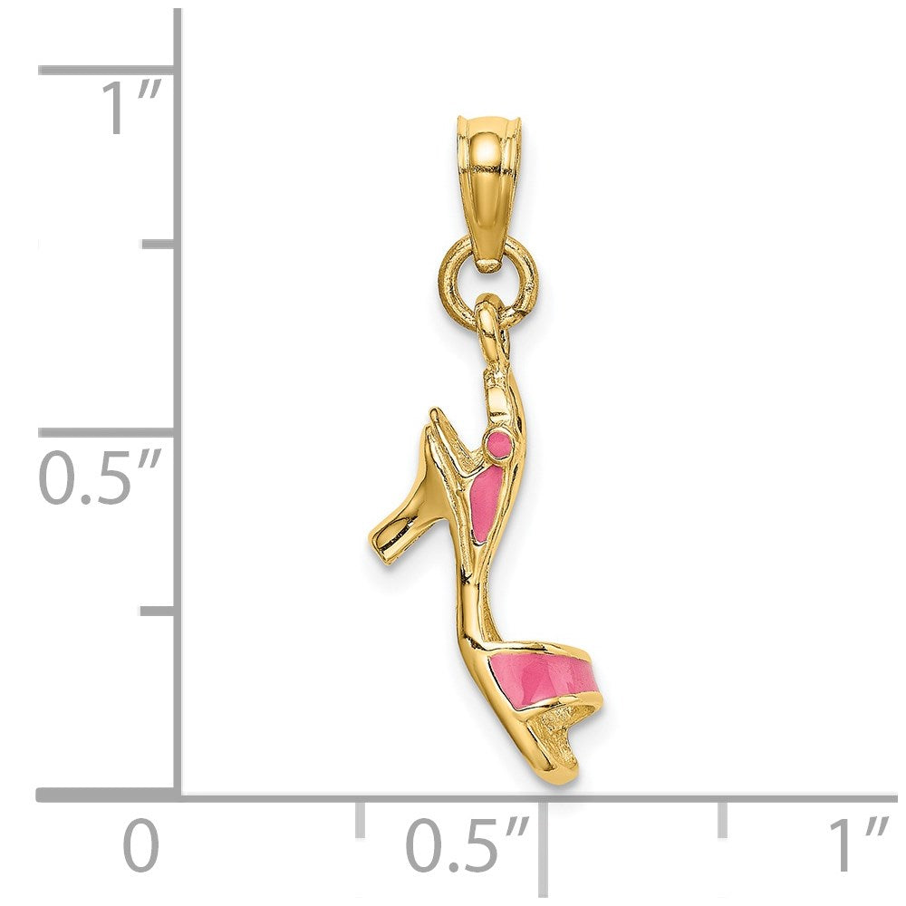 14k Yellow Gold 4.6 mm 3-D Pink Enamel Open Toe High Heel Charm (1.2 grams)