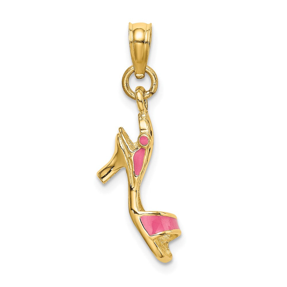 14k Yellow Gold 4.6 mm 3-D Pink Enamel Open Toe High Heel Charm (1.2 grams)