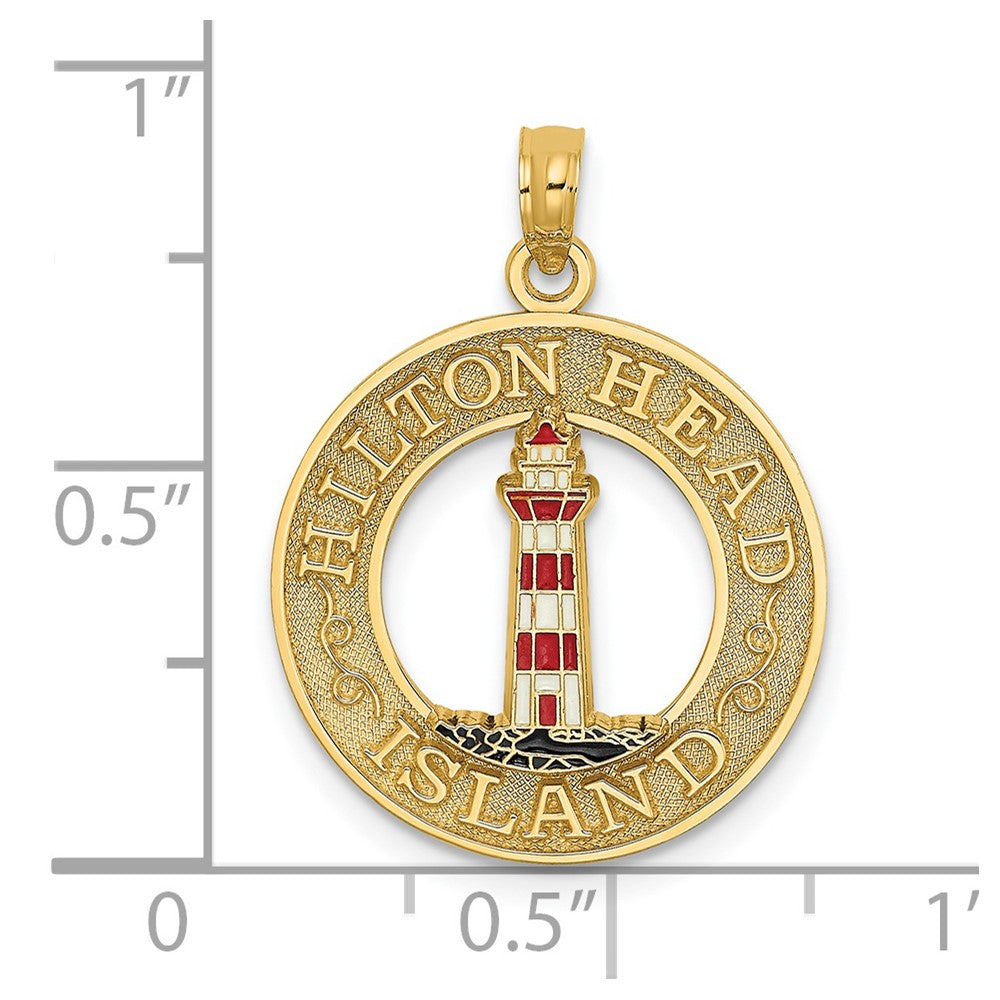 14k Yellow Gold 18.7 mm HILTON HEAD Enamel Lighthouse Circle Charm (1.81 grams)