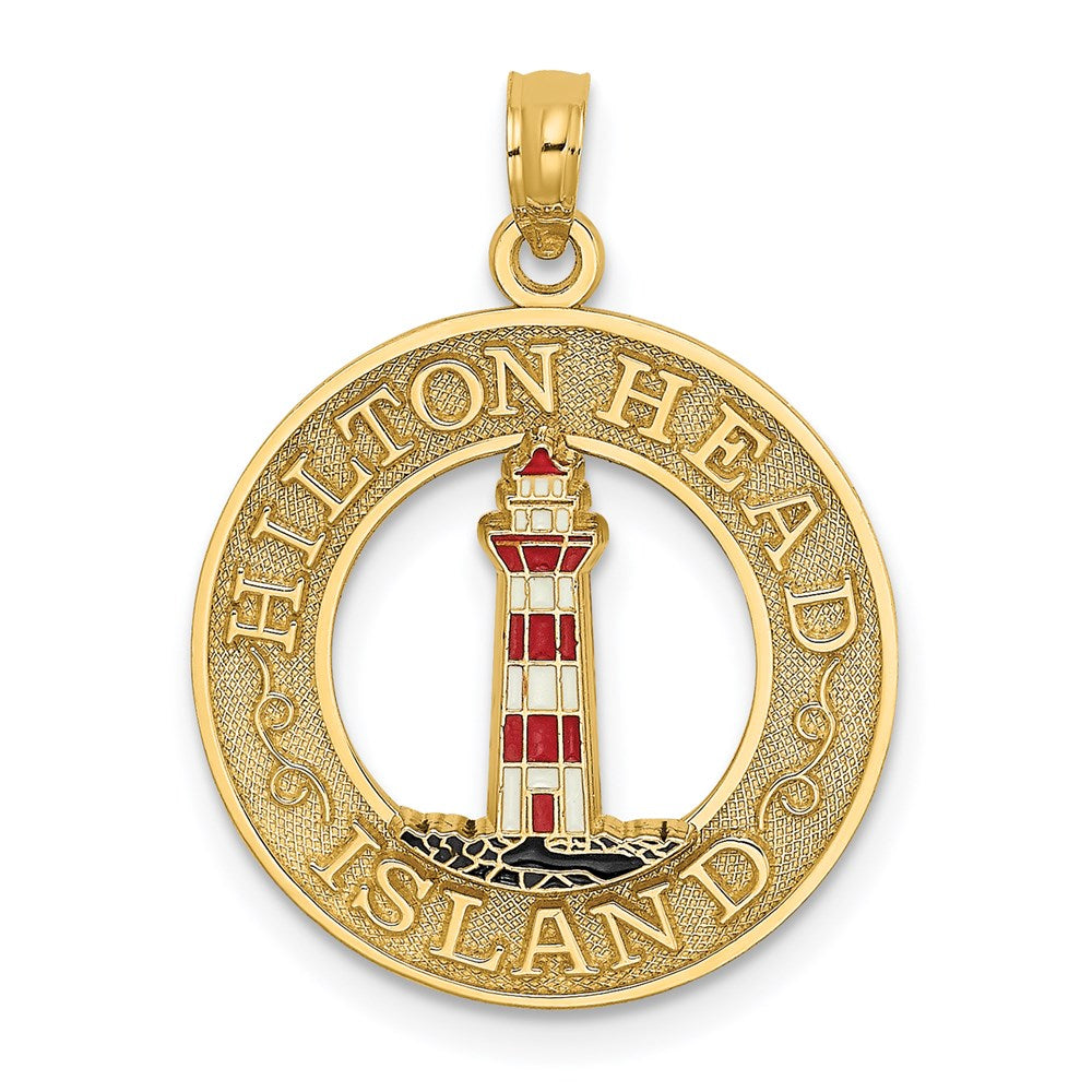 14k Yellow Gold 18.7 mm HILTON HEAD Enamel Lighthouse Circle Charm (1.81 grams)