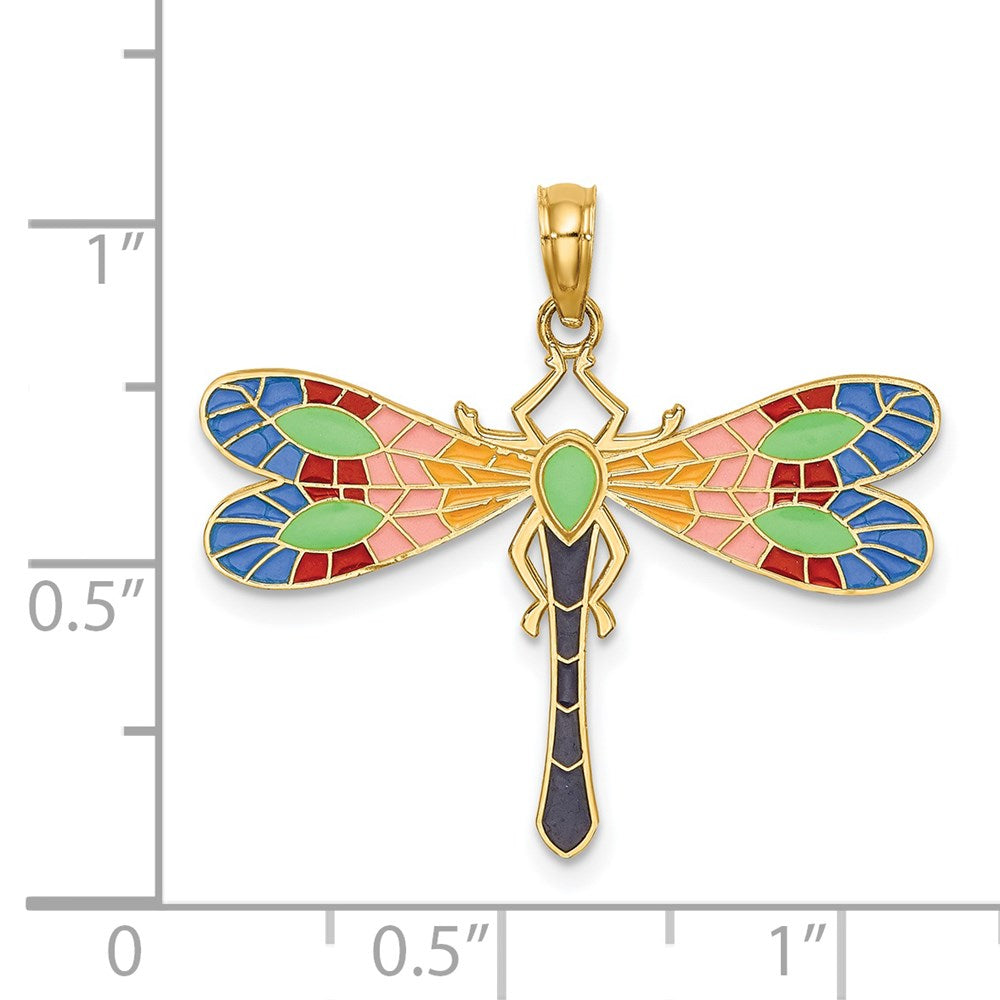14k Yellow Gold 29 mm Multi Color Enamel Dragonfly Charm (1.84 grams)