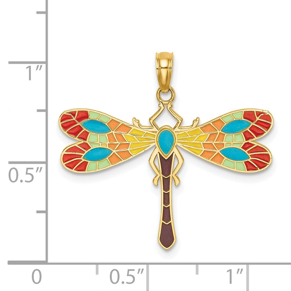 14k Yellow Gold 29 mm Multi Color Enamel Dragonfly Charm (1.79 grams)