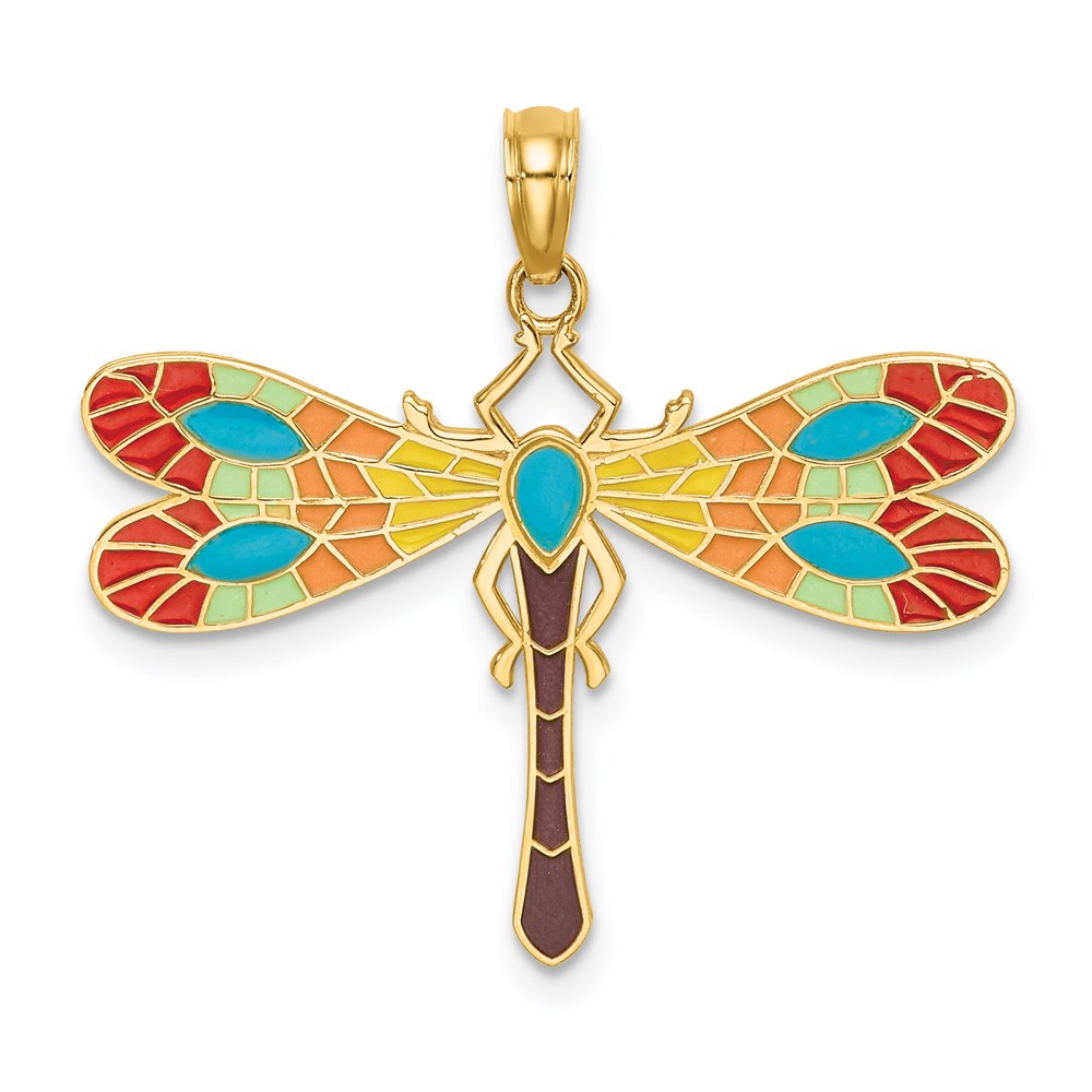 14k Yellow Gold 29 mm Multi Color Enamel Dragonfly Charm