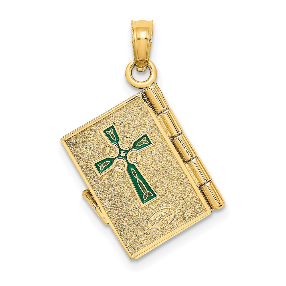 14k Yellow Gold 17.15 mm 3-D Moveable Enameled AN IRISH PRAYER Book w/Clover Charm (2.96 grams)