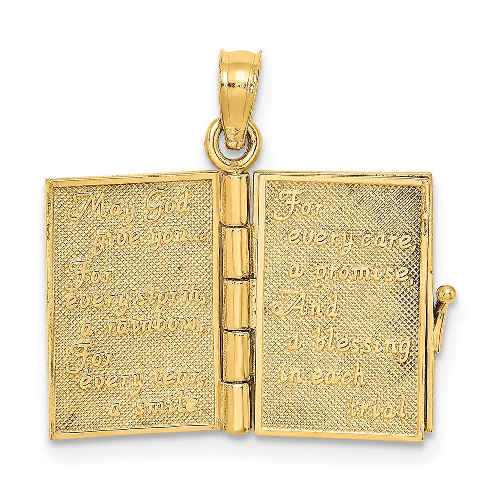14k Yellow Gold 17.15 mm 3-D Moveable Enameled AN IRISH PRAYER Book w/Clover Charm (2.96 grams)