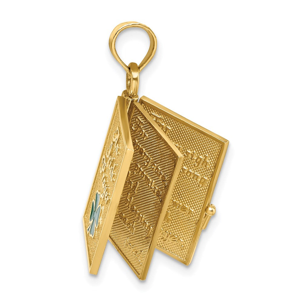 14k Yellow Gold 17.15 mm 3-D Moveable Enameled AN IRISH PRAYER Book w/Clover Charm (2.96 grams)
