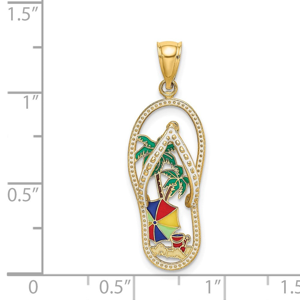 14k Yellow Gold 11.5 mm Enamel Palm Tree Beach Scene Flip-Flop Charm (1.89 grams)