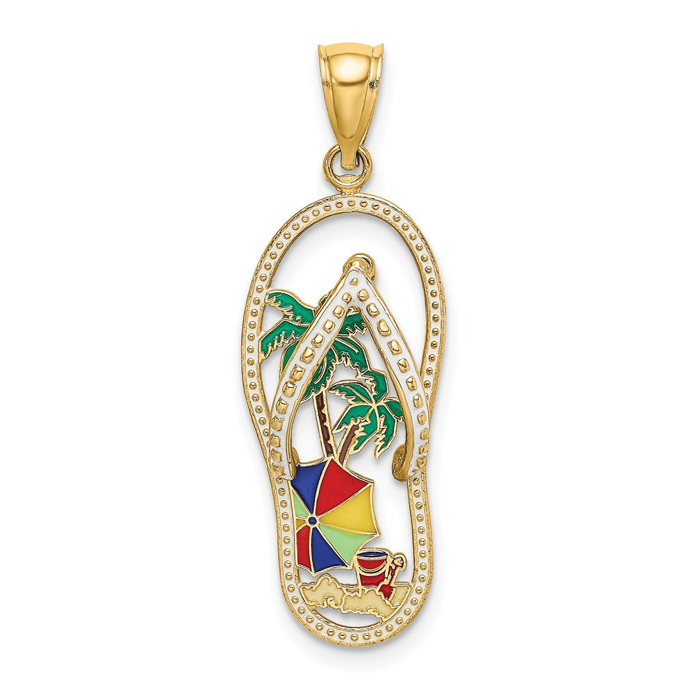 14k Yellow Gold 11.5 mm Enamel Palm Tree Beach Scene Flip-Flop Charm (1.89 grams)