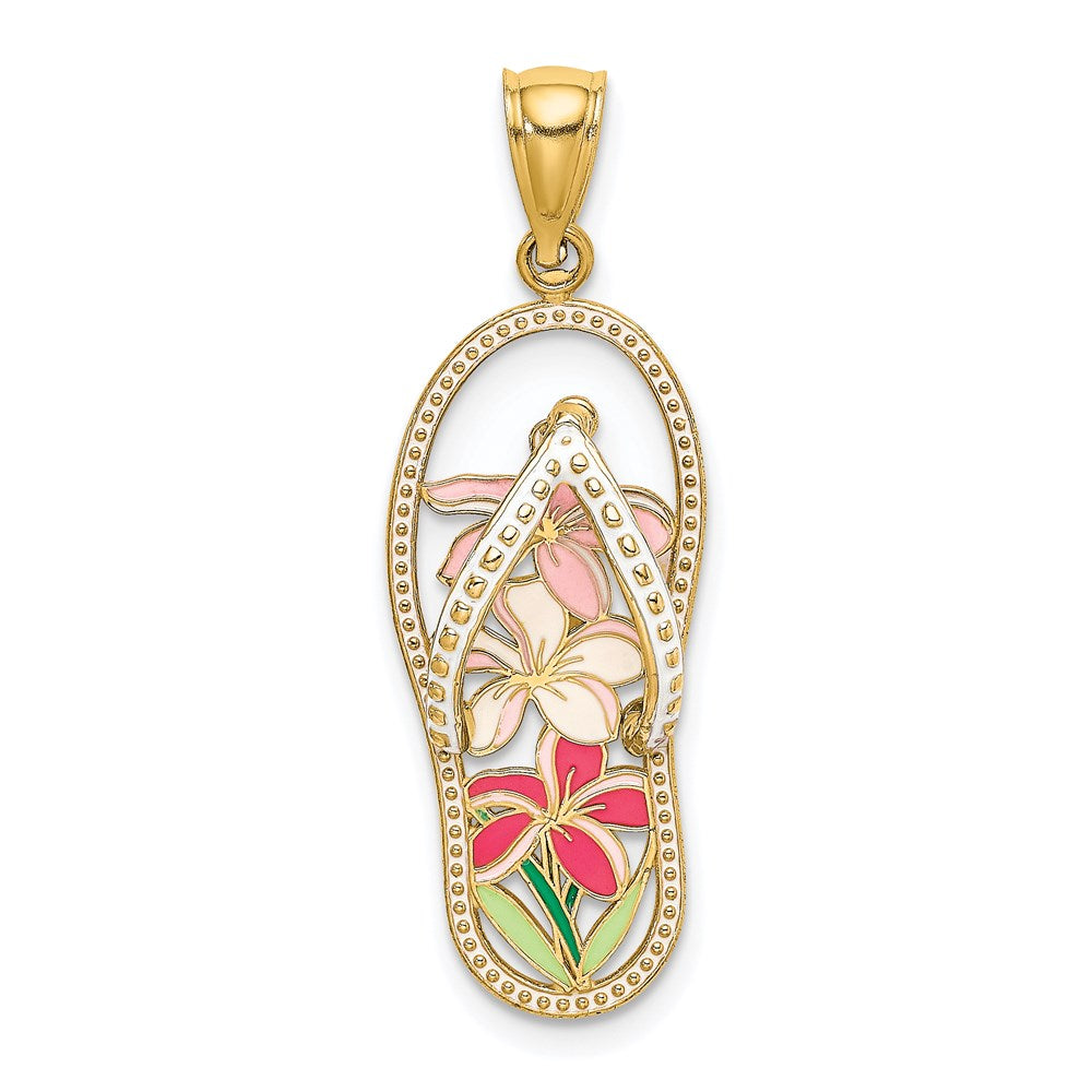 14k Yellow Gold 11.3 mm Multi Color Enamel Flower Flip-Flop Charm (2.11 grams)