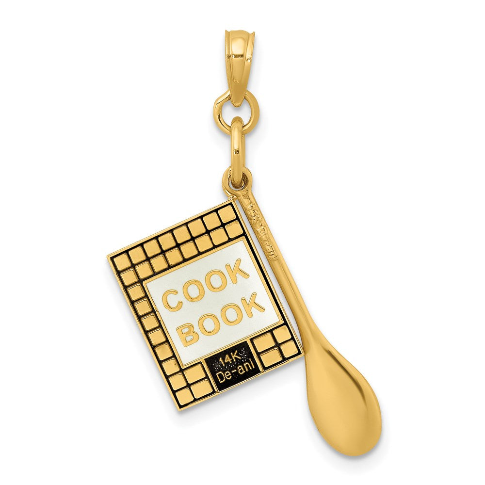 14k Yellow Gold 17 mm 3-D Cook Book W/ Black Enamel and Spoon Charm (2.23 grams)