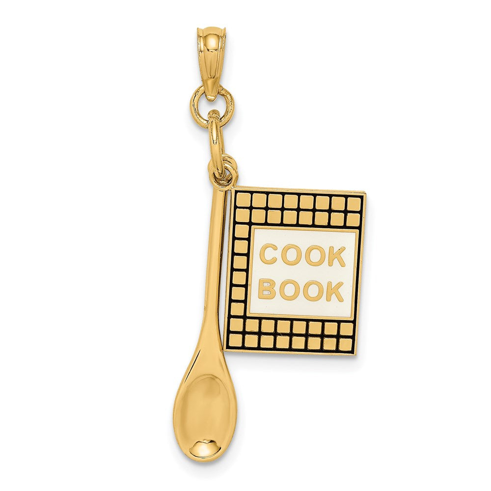 14k Yellow Gold 17 mm 3-D Cook Book W/ Black Enamel and Spoon Charm (2.23 grams)