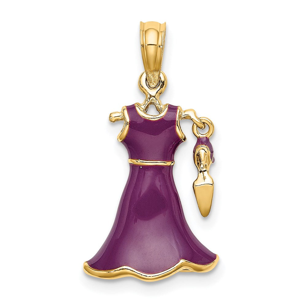 14k Yellow Gold 12.35 mm 3-D Moveable Enamel Purple Dress w/Shoe Charm (2.81 grams)