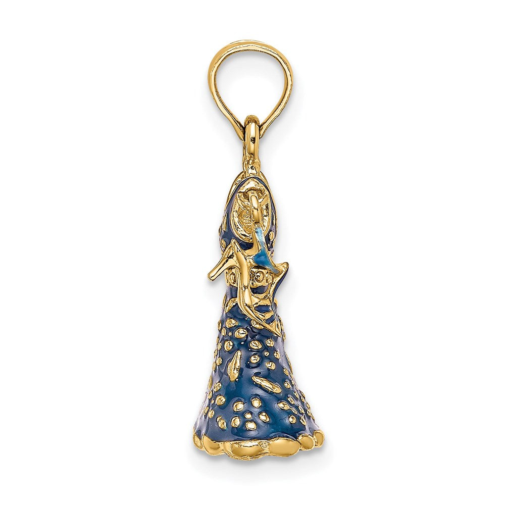 14k Yellow Gold 12.4 mm 3-D Moveable Enamel Blue Floral Dress w/ Shoe Charm (3.19 grams)