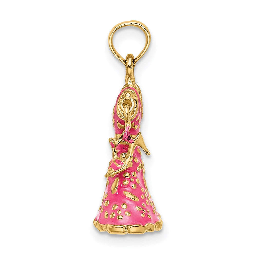 14k Yellow Gold 12.4 mm 3-D Moveable Enamel Pink Floral Dress w/ Shoe Charm (3.1 grams)