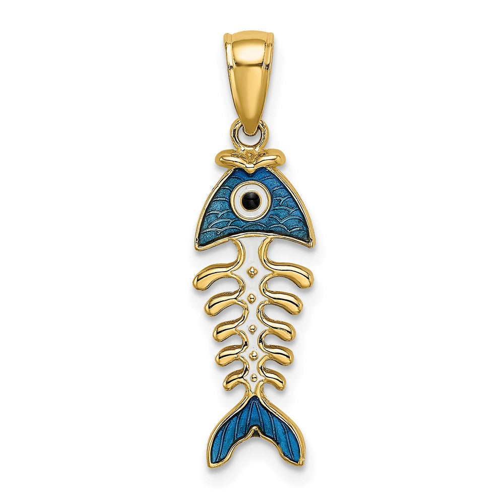 14k Yellow Gold 7.9 mm 3D Blue Enamel Fish Bone Charm (1.57 grams)