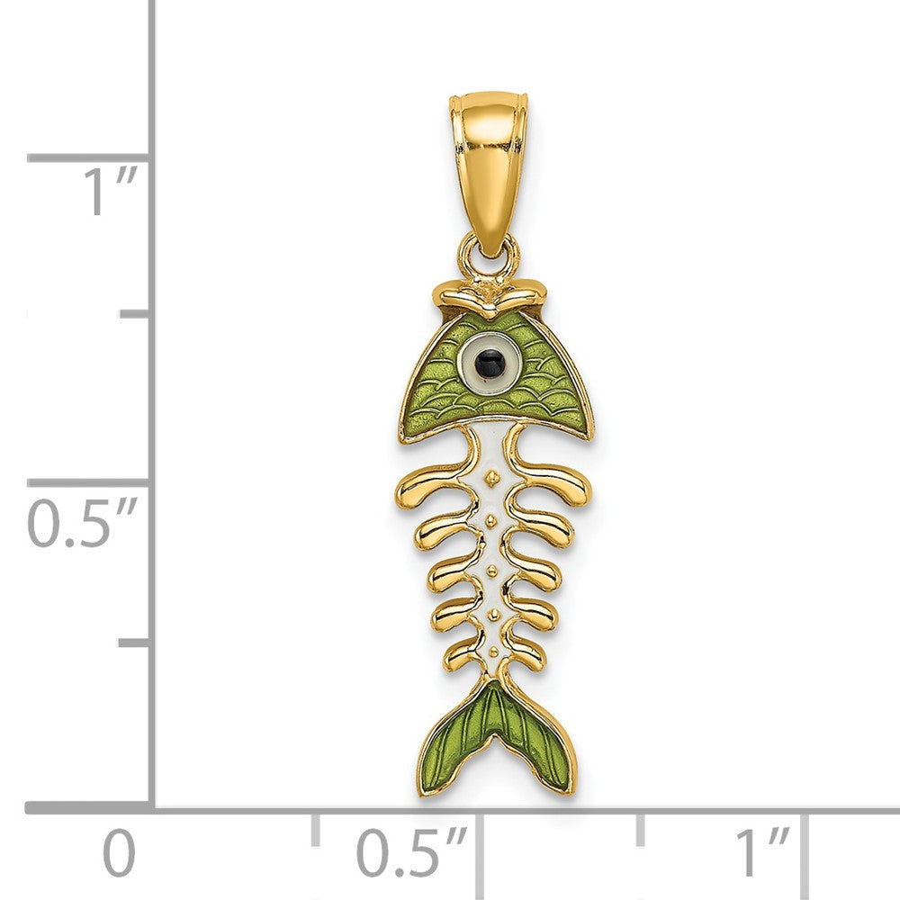 14k Yellow Gold 7.9 mm 3D Green Enamel Fish Bone Charm (1.61 grams)