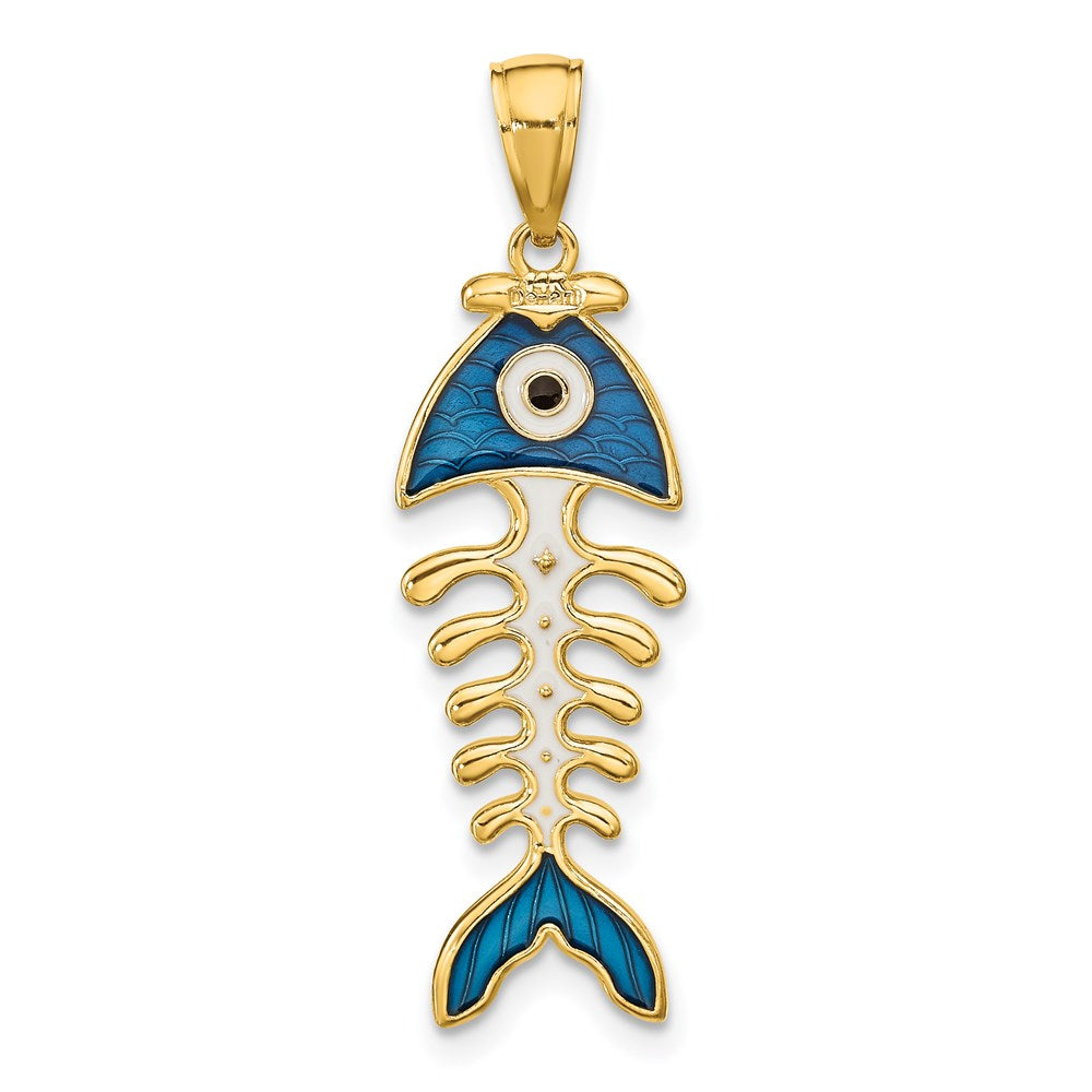 14k Yellow Gold 10.4 mm 3D Blue Enamel Fish Bone Pendant (2.72 grams)