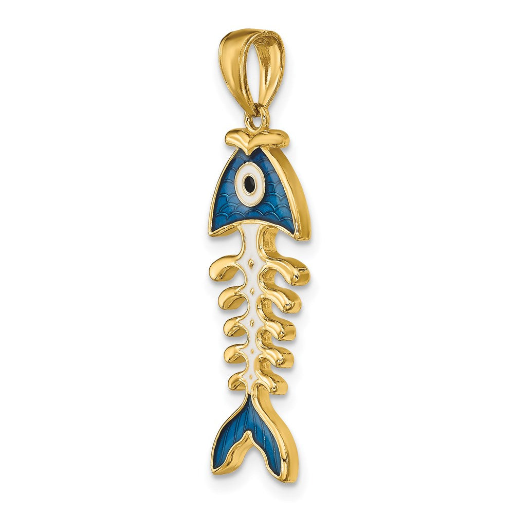 14k Yellow Gold 10.4 mm 3D Blue Enamel Fish Bone Pendant (2.72 grams)