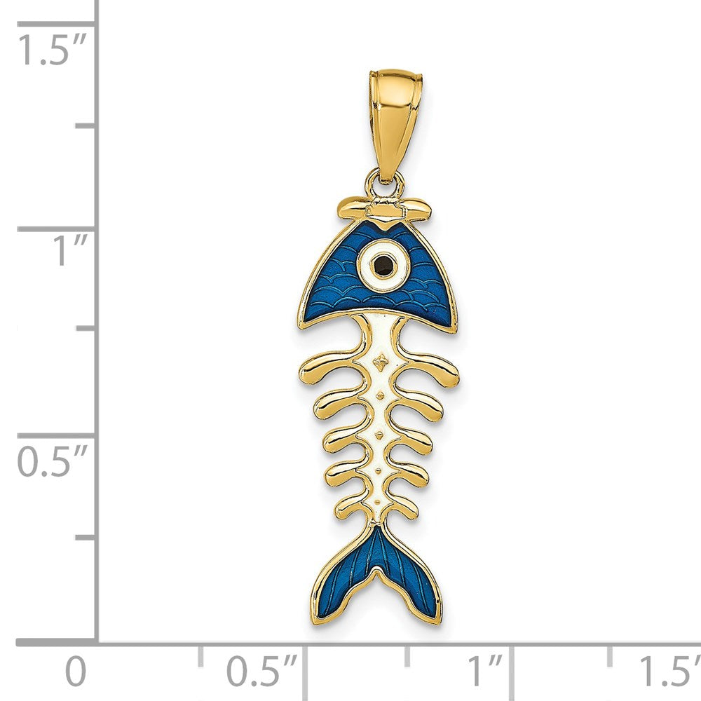 14k Yellow Gold 10.4 mm 3D Blue Enamel Fish Bone Pendant (2.72 grams)