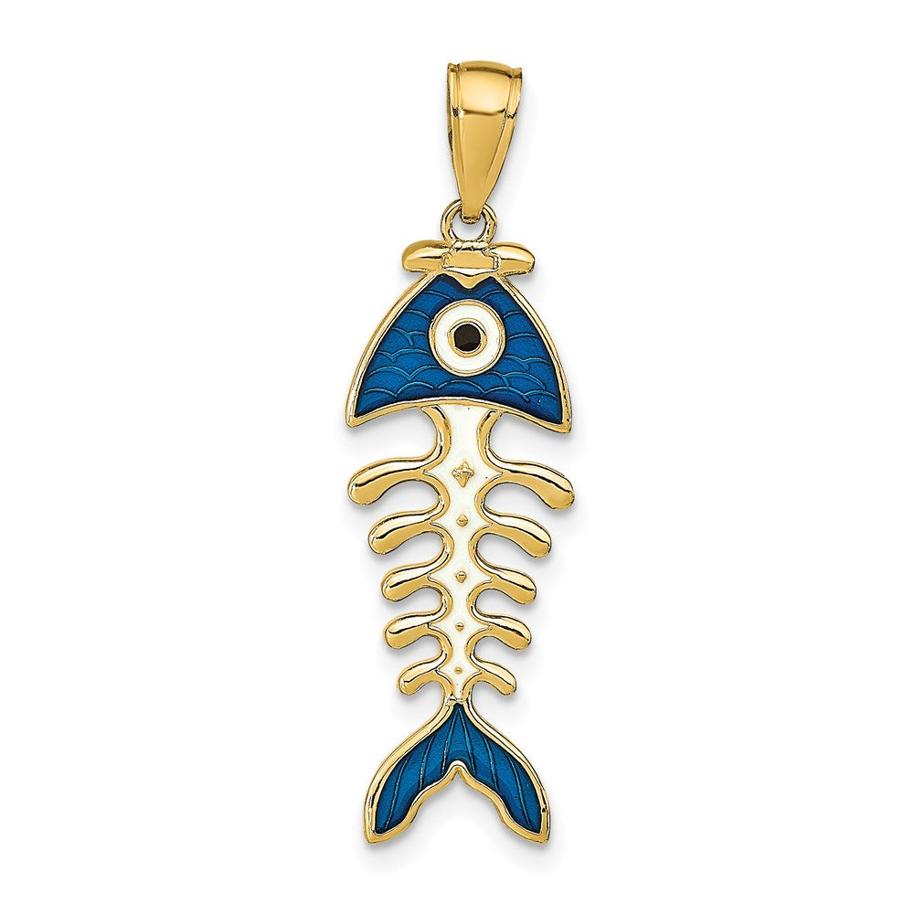 14k Yellow Gold 10.4 mm 3D Blue Enamel Fish Bone Pendant (2.72 grams)