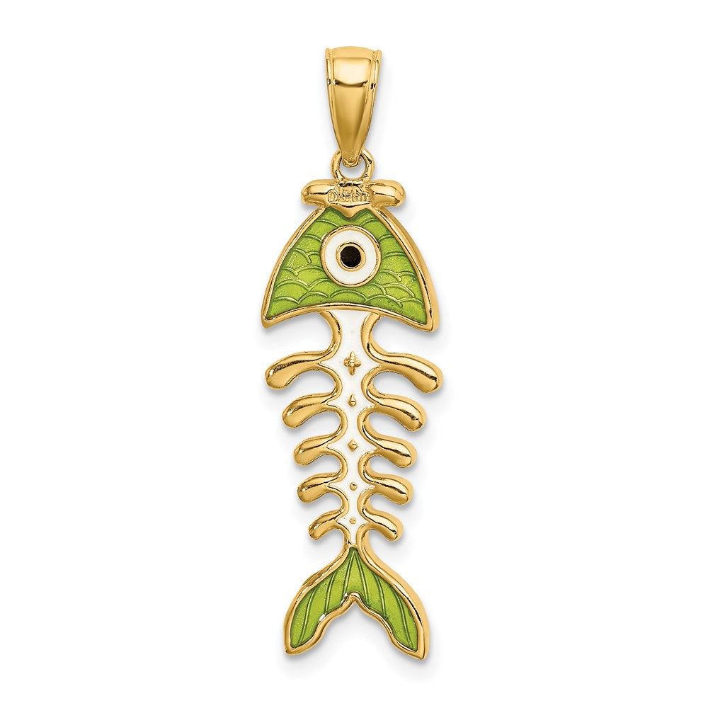 14k Yellow Gold 10.4 mm 3D Green Enamel Fish Bone Charm (2.66 grams)