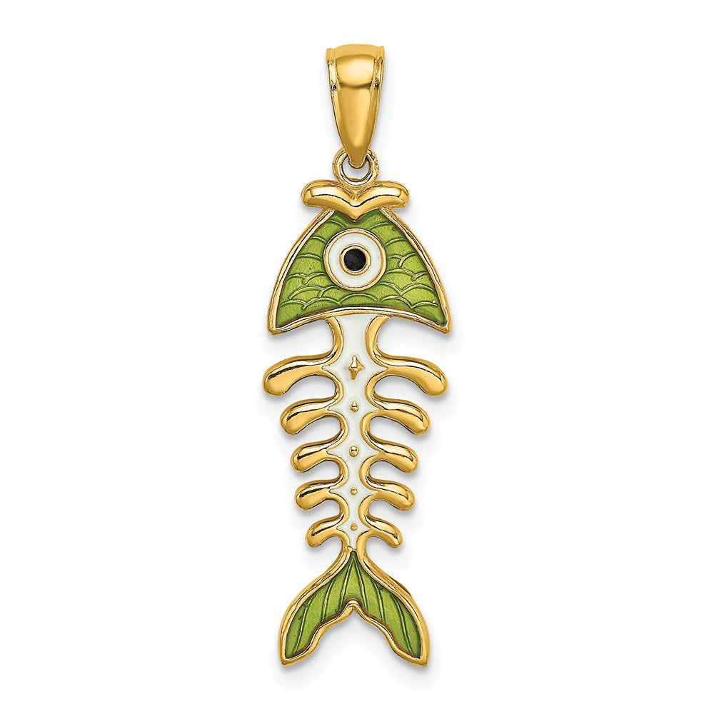 14k Yellow Gold 10.4 mm 3D Green Enamel Fish Bone Charm (2.66 grams)