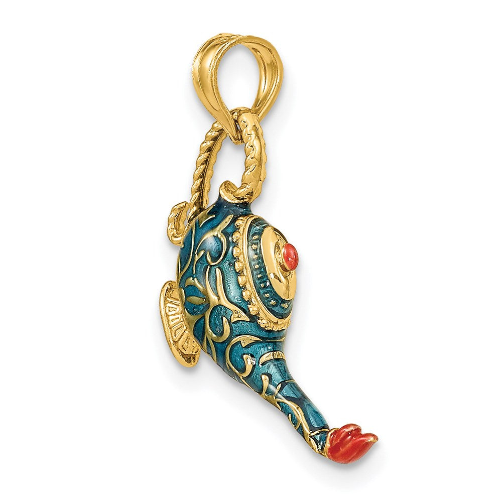 14k Yellow Gold 14.38 mm w/ Enamel 3-D Textured Blue Genie Lamp Charm (2.66 grams)
