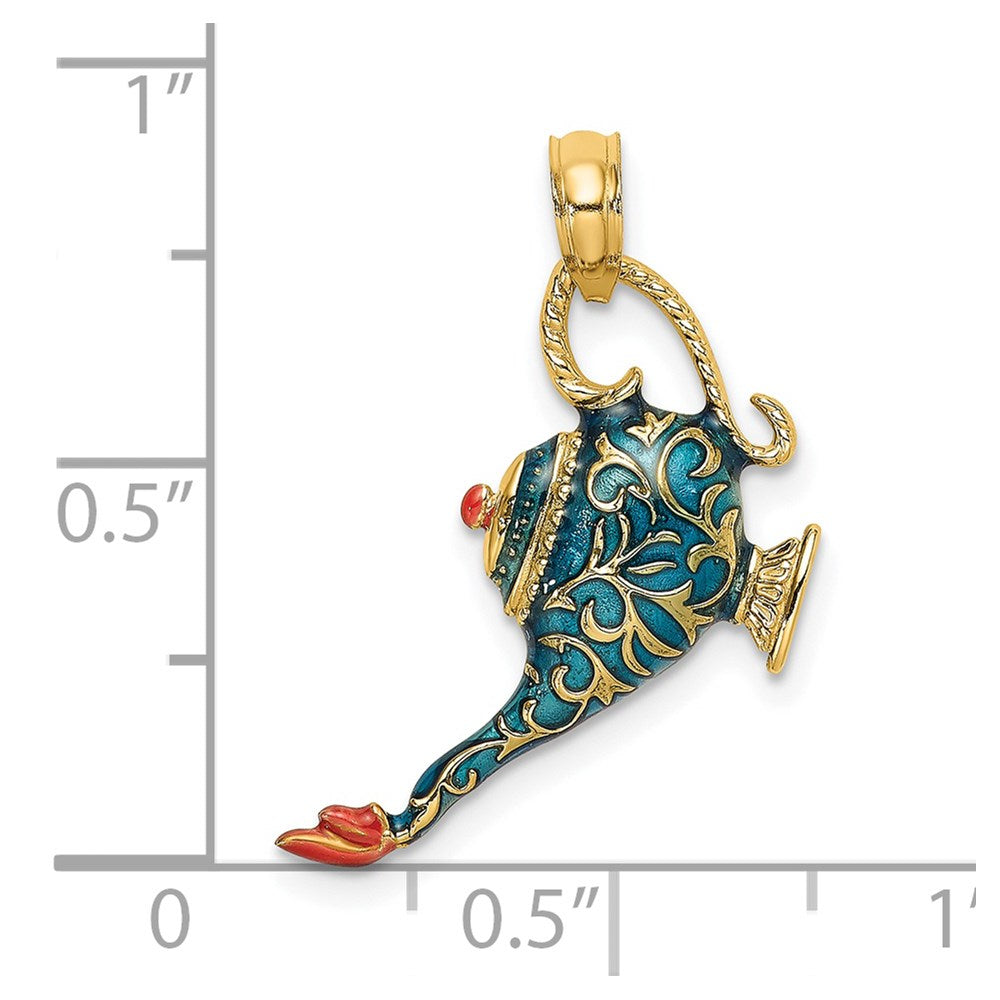 14k Yellow Gold 14.38 mm w/ Enamel 3-D Textured Blue Genie Lamp Charm (2.66 grams)
