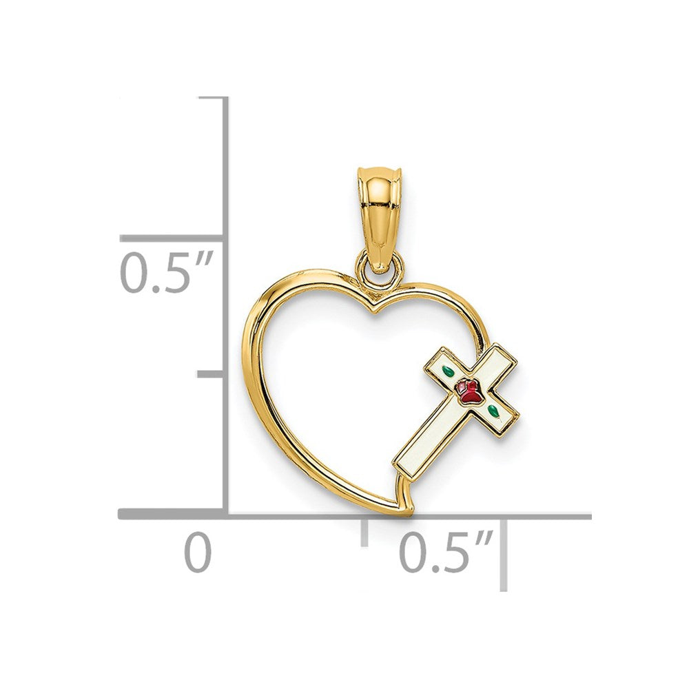 14k Yellow Gold 13 mm Enamel Cross and Heart Charm (0.55 grams)