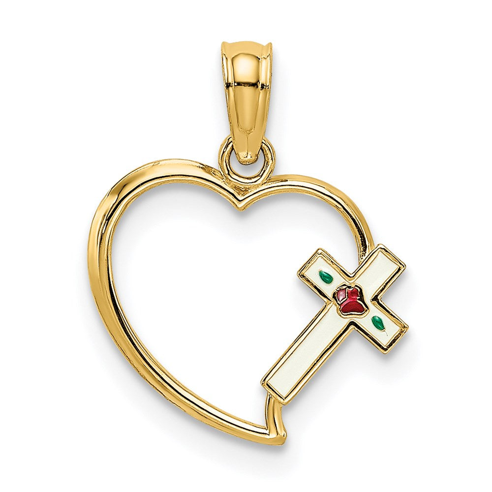 14k Yellow Gold 13 mm Enamel Cross and Heart Charm (0.55 grams)