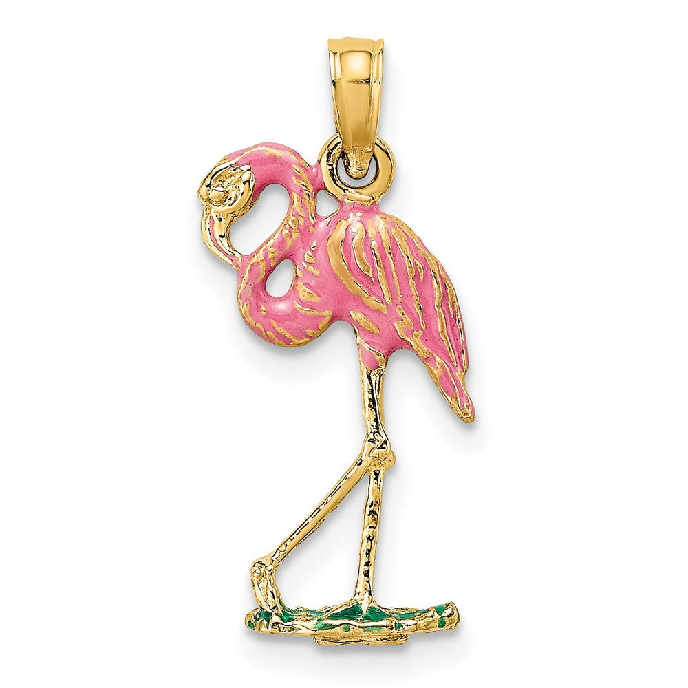 14k Yellow Gold 10.9 mm 3-D Pink Enamel Flamingo Charm (1.46 grams)