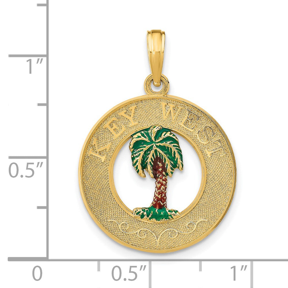 14k Yellow Gold 20 mm KEY WEST Enameled Palm Tree Circle Charm (1.97 grams)