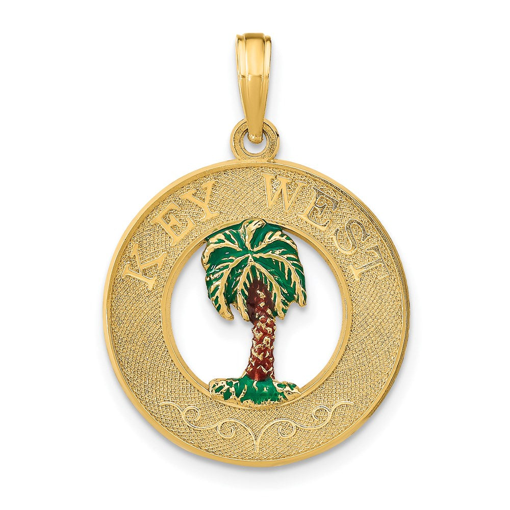 14k Yellow Gold 20 mm KEY WEST Enameled Palm Tree Circle Charm (1.97 grams)