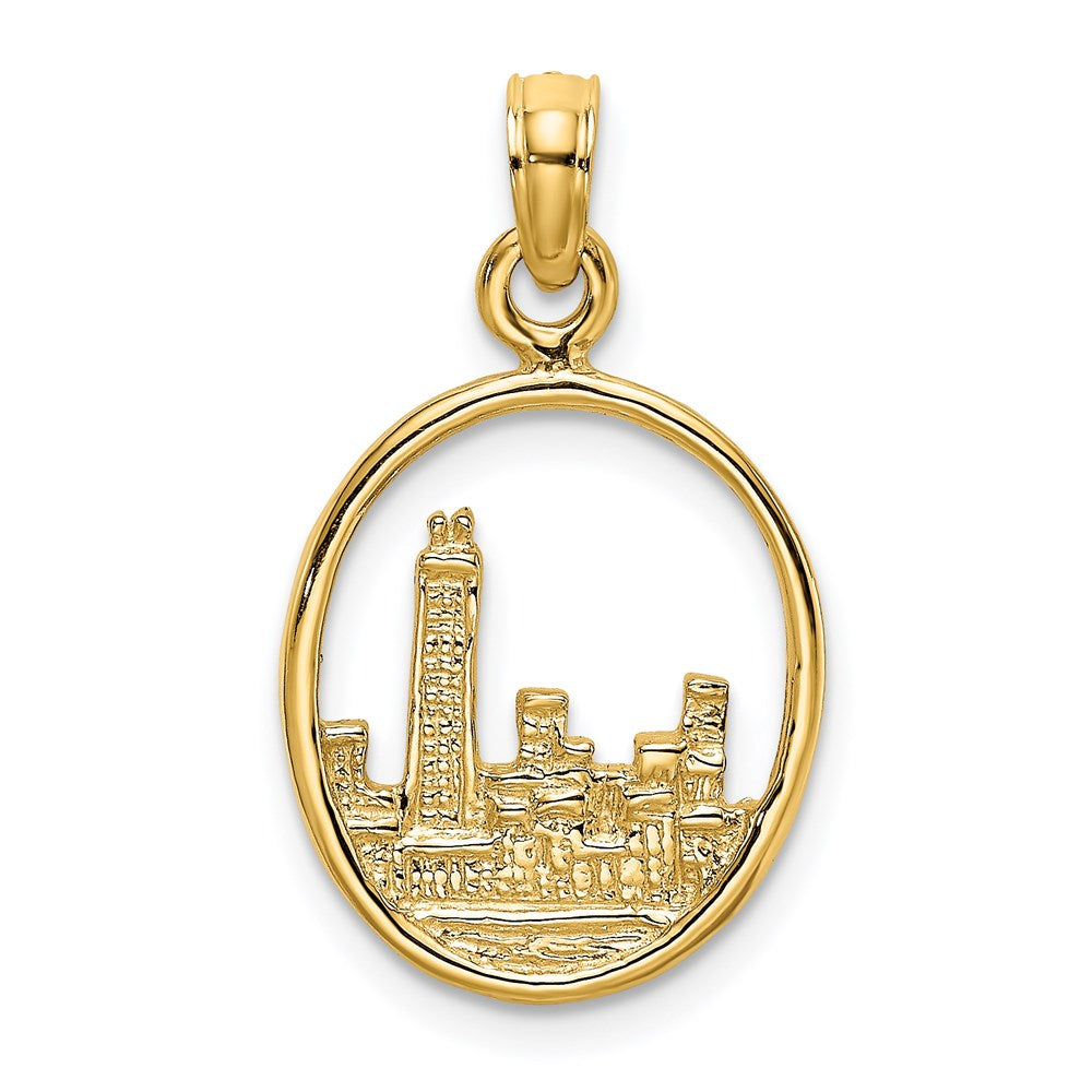 14k Yellow Gold 12.85 mm Chicago Skyline In Circle Frame Charm (1.4 grams)