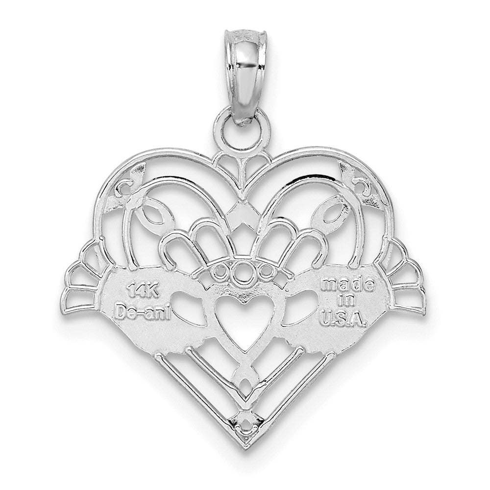 14K White Gold Polished and Beaded Claddagh In Heart Charm (0.74 grams)