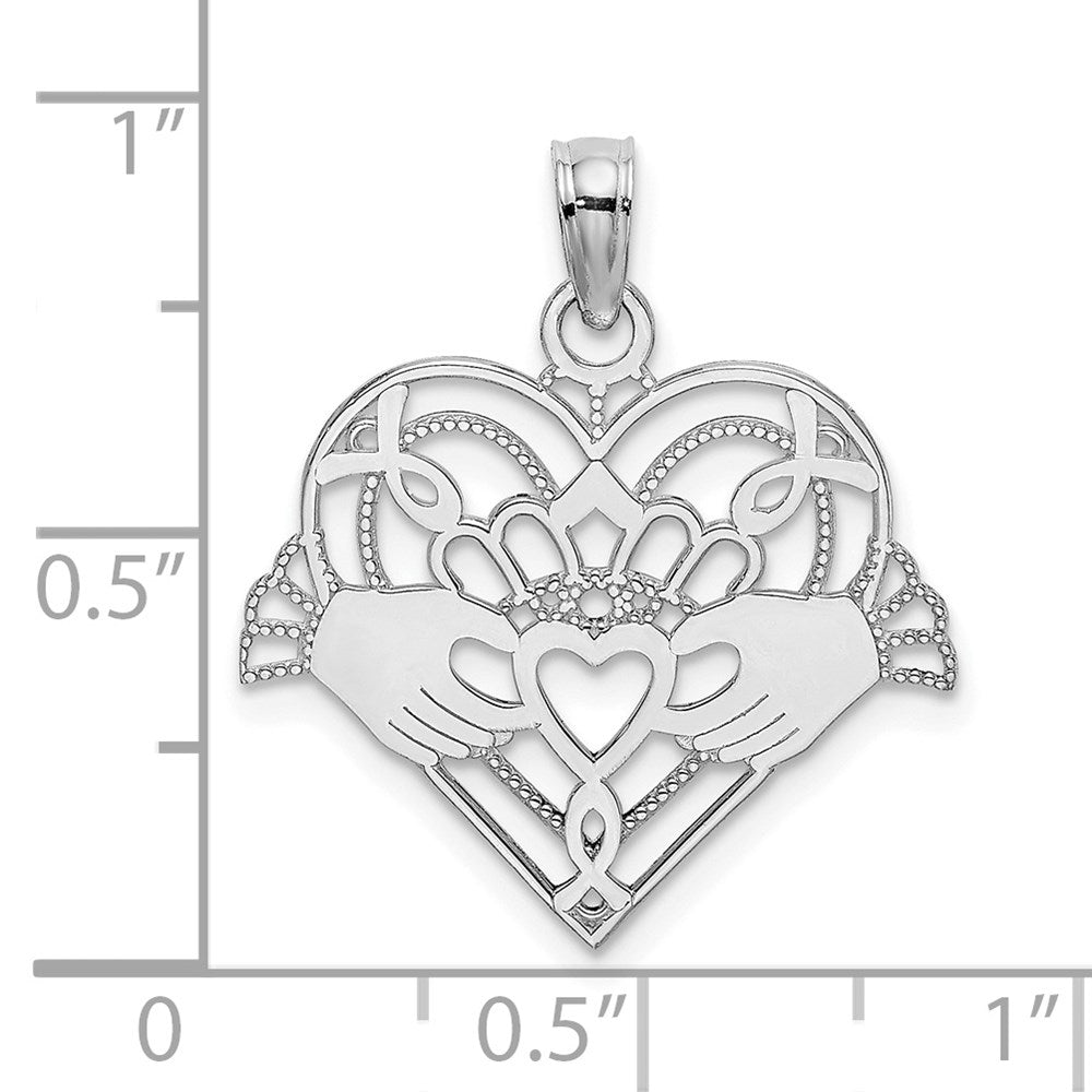14K White Gold Polished and Beaded Claddagh In Heart Charm (0.74 grams)