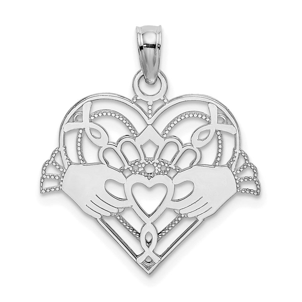 14K White Gold Polished and Beaded Claddagh In Heart Charm (0.74 grams)