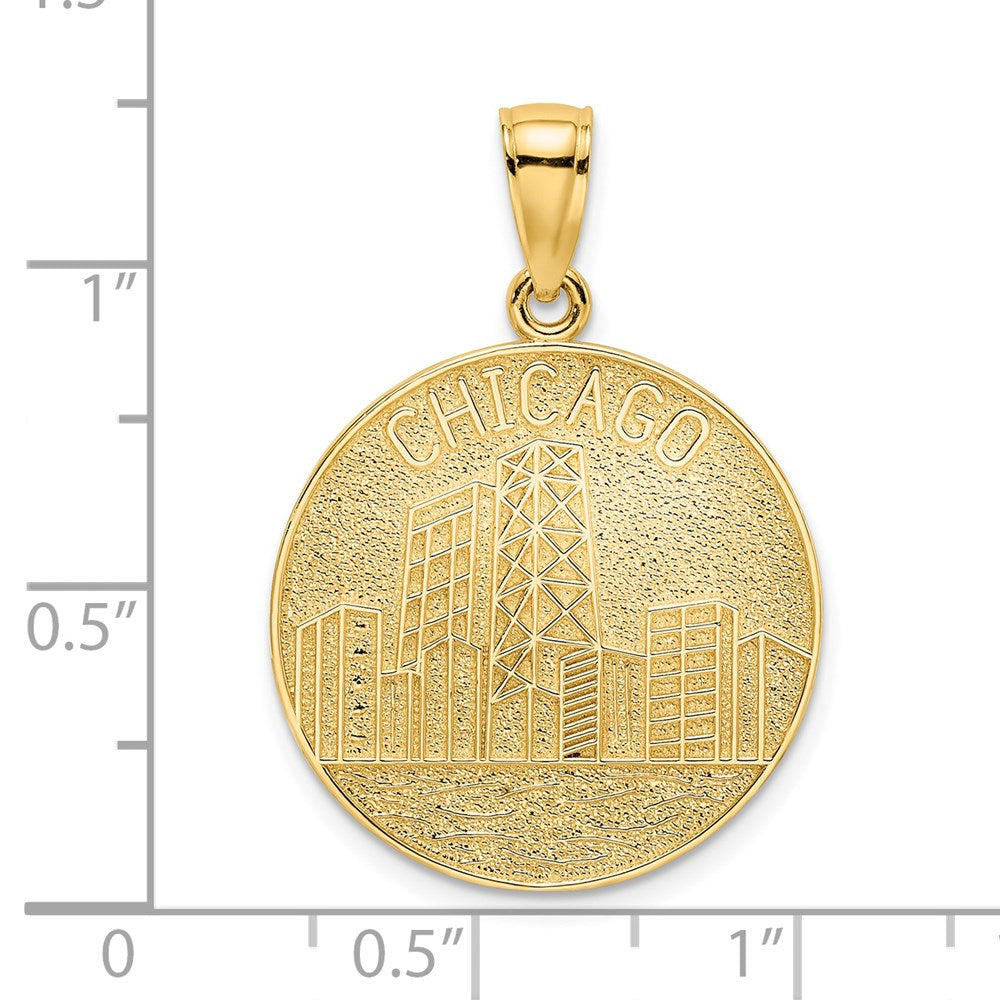 14k Yellow Gold 19.5 mm CHICAGO Skyline On Round Disc Charm (1.99 grams)